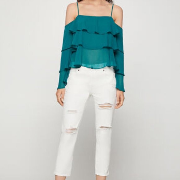 NWT BCBG Sea Green Ruffle Chiffon Bell Sleeve Top - Picture 4 of 8